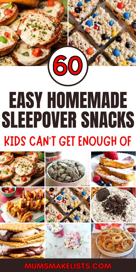 Several different snacks and desserts with the words, sweet & savoury snacks for sleepovers so good you'll want a sleeper right now Park Birthday Party Snacks, Slumber Party Treats, Pajama Party Snacks, Slumber Party Food Ideas For Adults, Slumber Party Breakfast Ideas, Late Over Birthday Party, Snacks For Hotel Room, Snacks For Teen Party, Boy Sleepover Party Ideas