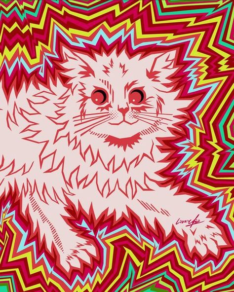 How To Draw Animal Print, Neon Illustration Art, Louis Wain Art, Trippy Cat Art, Funky Poster Design, Cool Cat Drawing, Funky Drawing, Cat Illustration Design, Pets Craft