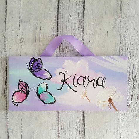 What a wonderful way to celebrate spring ♡ This butterfly name sign is one of my most popular designs. Each one is hand painted with love! Painted Name Canvas, Painted Name Signs, Firefly Photography, Nursery And Playroom, Kids Door Signs, Peterborough Ontario, Playroom Prints, Name Paintings, Painting Gifts