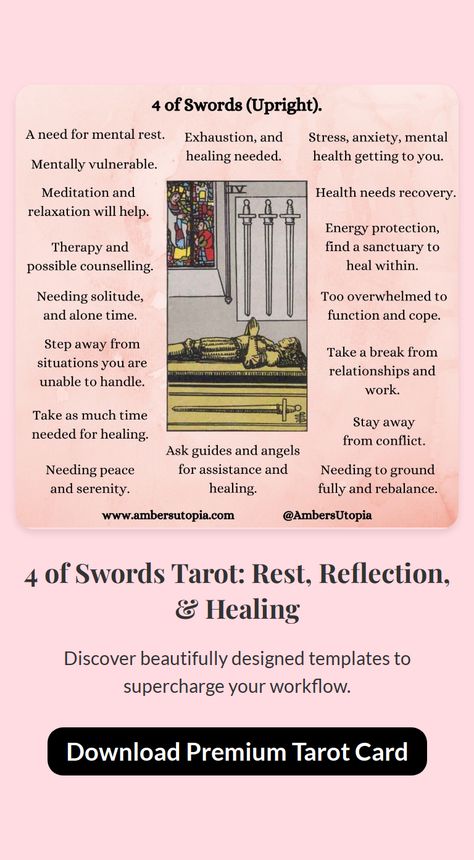 4 of Swords Tarot card: Rest, reflection, and healing imagery. 4 Of Swords, Swords Tarot, Mental Healing, Alone Time, Healing Meditation, Find Peace, Tarot Spreads, Finding Peace, Tarot Reading