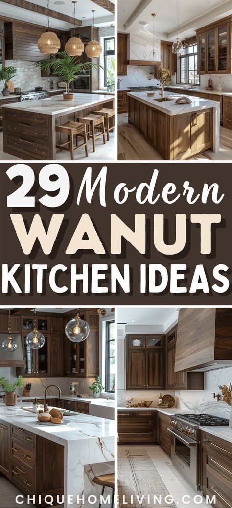 Discover 29 modern walnut kitchen cabinet ideas that will elevate your kitchen's style and functionality. From sleek minimalist designs to bold statement pieces, find inspiration to transform your kitchen with the timeless elegance of walnut. Perfect for adding warmth, durability, and sophistication to any home. Kitchen Hardware For Walnut Cabinets, Walnut Kitchen Ideas, Cream Upper Cabinets Wood Lower Cabinets, Modern Dark Wood Kitchen Cabinets, White Oak Floors Kitchen Dark Cabinets, Kona Stained Kitchen Cabinets, Stained Kitchen Cabinets With Wood Floor, Brown Kitchens Cabinets, Walnut Oak Kitchen Cabinets