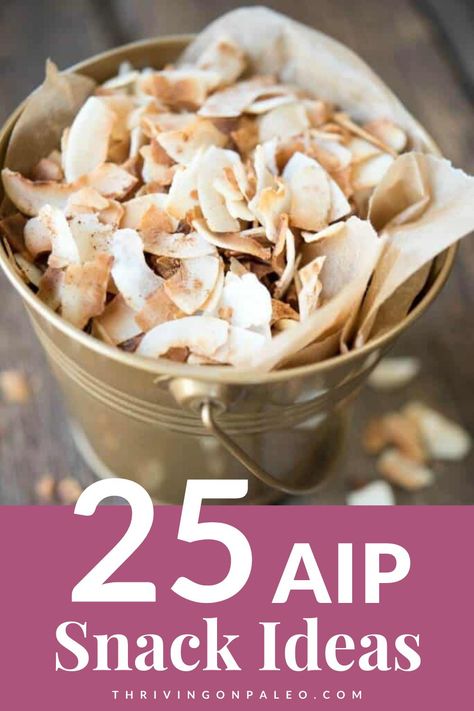 25 AIP Snack ideas – most don't require cooking and are simple to find in any grocery store. Snacking on the Autoimmune Protocol shouldn't have to be hard! Snacking while on the AIP diet… It's not as easy as running over to your local bakery and picking up a muffin and a latte, but that doesn't mean there aren't a ton of options. Diet Snack Ideas, Coconut Chips Recipe, Aip Snacks, Autoimmune Diet Recipes, Aip Diet Recipes, Aip Snack, Paleo Recipes Snacks, Stevia Recipes, Aip Breakfast