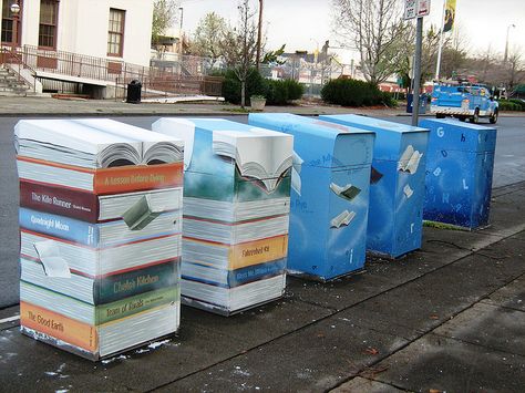 Book Drop Box Art @ Main Library - 0038 by Hayward Public Library, via Flickr Library Book Drop, Drop Box Ideas, Library Signage, Paint Book, Storybook Theme, Library Book Displays, High School Library, Library Displays, Drop Box