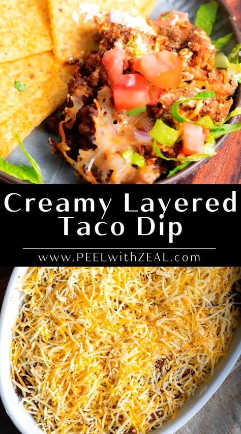 Indulge in this creamy and irresistible taco dip, featuring layers of beef, beans, cheese, and all your favorite taco flavors. Perfect for pleasing a crowd at game day gatherings or potlucks, this easy taco dip with ground beef takes just 10 minutes of prep time and comes together in under 30 minutes. Best Taco Dip Recipe Ground Beef, Taco Dip Layered, Ground Beef And Cream Cheese, Simple Taco Dip, Taco Dip With Cream Cheese, Taco Dip With Ground Beef, Beef Taco Dip, Taco Dips, Cold Taco Dip