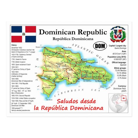 World map Postcard Series - Map postcard with facts of the Dominican Republic Postal de mapa con hechos de la Repblica Dominicana Gender: unisex. Age Group: adult. United States Symbols, Dominican Republic Map, Florida State Map, Temple Thailand, North Carolina Map, Country Facts, Canada Map, Kentucky State, Landlocked Country