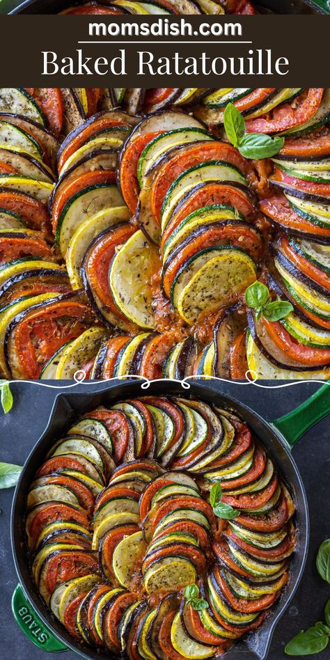 This baked ratatouille features a jaw-dropping arrangement of veggies smothered in a garlicky tomato sauce. Eggplant, zucchini, squash, tomatoes… oh my! Ratatouille Dinner Ideas, Vegan Ratatouille Recipe, Fall Eggplant Recipes, Zucchini Squash Eggplant Recipes, Tomato Eggplant Recipes, Fall Ratatouille Recipe, Thanksgiving Zucchini Recipes, Eggplant Healthy Recipes, Eggplant Tomato Recipes