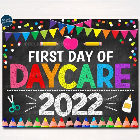 "FIRST DAY OF DAYCARE 2022 Printable Back To School Sign. THIS FILE IS NOT EDITABLE. YOU WILL RECEIVE A FILE EXACTLY AS PICTURED. Remember the first day of daycare 2022 with this adorable printable photo prop sign. Have your child hold the sign with a proud, beaming smile - makes for great photos and memories for the kickoff to quite a school year Signs are bright, colorful and make for great photos and memories! The backdrop of the sign is a faux chalkboard. A great way to keep track of years a Back To School Chalkboard, Printable Photo Props, Transitional Kindergarten, Its A Boy Banner, Alphabet Templates, School Chalkboard, Kindergarten First Day, Seventh Grade, Chalkboard Sign