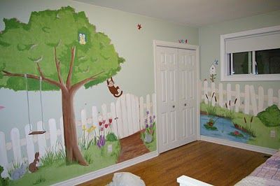 girls garden picket fence mural | This is my most recent mural for a little girl's room. It was a garden ... Fence Mural Ideas, Kids Playroom Flooring, Garden Picket Fence, Youth Ministry Room, Purple Martin Birdhouse, Loft Playroom, Tiny Designs, Playroom Flooring, Newborn Room