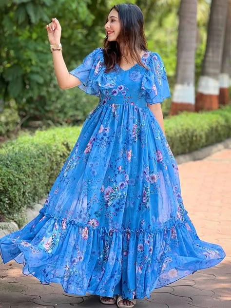 Georgette Frock For Women, Frock Designs For Women, Western Frocks, Frocks For Women, Orchid Blue, Haldi Dress, Simple Frock, Salwar Neck Designs, Stitching Designs