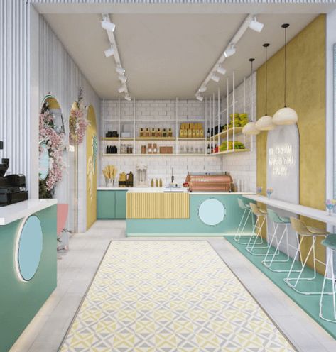 Lovely & Modern Ice Cream Store Interior 3D Design Counter Restaurant Design, Counter Restaurant, Ice Cream Store, Blue Interior Design, Bubble Tea Shop, Yogurt Shop, Ice Cream Bar, Bubble Wall, Coffee Ice Cream