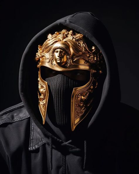 Gold Cyberpunk, Fantasy Mask, Iron Mask, Dark Mask, Helmet Concept, Face Mask Men, Chain Mask, Dark Fantasy Artwork, Gold Mask