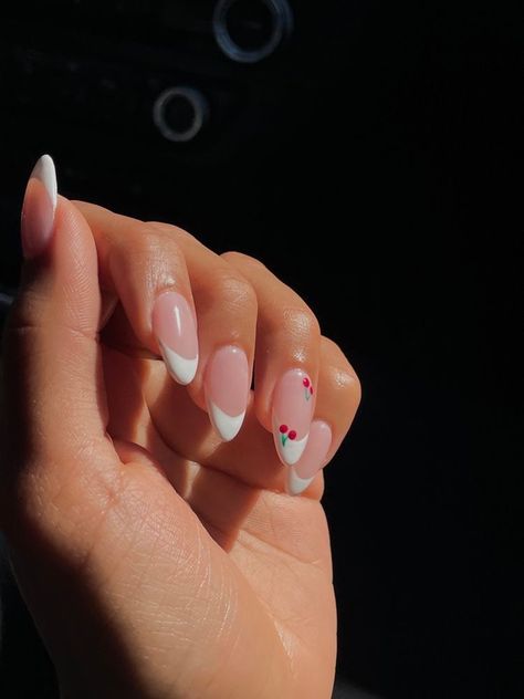 Cherry Nail Art French Tip, White French Tip Nails Almond With Cherries, Almond French Tip Nails With Cherries, French Almond Cherry Nails, Cherry Oval Nails, Cherry Acrylic Nails Almond, French Nail Cherry, French Tip And Cherry Nails, French Tip W Cherries