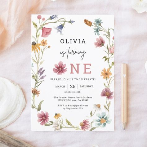 Baby Girl Watercolor, Wildflower Birthday Party, Wildflower Birthday, 1st Birthday Themes, Spring Birthday, 1st Birthday Invitation, First Birthday Party Themes, First Birthday Themes, Garden Birthday