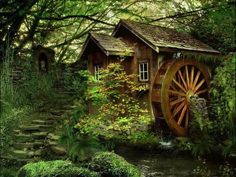 Water Mill, Cottage In The Woods, Water Wheel, Cabins And Cottages, Old Barns, Cabins In The Woods, Cozy Cottage, Little Houses, Log Homes