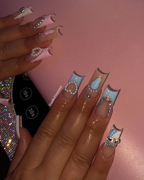 Gender reveal freestyle👶🏻🩵💕 . . . Dm to book!💖 @nailed.byjennie #longnails #genderrevealnails #babyshowernails #blingnails #frenchnails #nailart #nailsofinstagram #viralnails #viralpost #nailsofinstagram #fresnonails #fresnonailtech #explorepage Boy Baby Shower Nails, Gender Nails, Gender Reveal Nails Ideas, Reveal Nails, Gender Reveal Nails, Baby Shower Nails, Colored Acrylic Nails, Colored Acrylic, Bling Nails