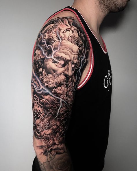 Zues Tattoo Shoulder, Posiden Tattoo Trident, Posiden Tattoo Forearm, Zeus Shoulder Tattoo, Zues Tattoo Mythology, Hades Tattoo, Tricep Tattoos, Tattoo Perna, Trident Tattoo