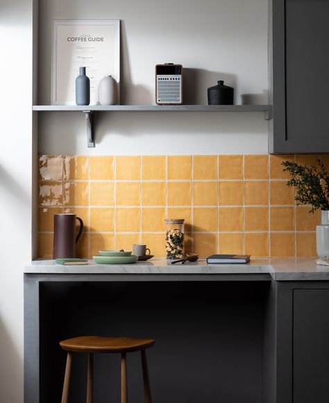 Yellow Tile Kitchen, Yellow Kitchen Tiles, Small Kitchen Tiles, Faux Brick Wall Panels, Backsplash Inspiration, Brick Wall Paneling, Rustic Tile, Glazed Brick, Brick Decor