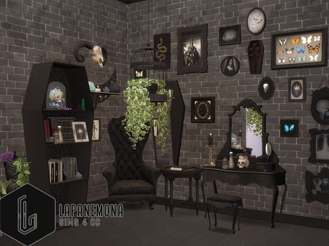 The Sims Resource - Very goth skulls, butterflies, coffins and other stuff Coffin Mirror, Sims 4 Cc Goth, Vampire Decor, Living Room Sims 4, Sims 4 Cc Furniture Living Rooms, Goth Houses, Gothic Coffin, Skull Planter, Sims 4 Challenges