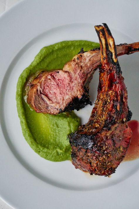 Pomegranate Molasses Lamb with Romanesco Cauliflower Basil Puree | Proportional PlateA fancy Valentine's Day dinner. Basil Puree, Romanesco Cauliflower, Ribeye Steak Recipes, Pomegranate Recipes, Healthy Meat Recipes, Rack Of Lamb, Pomegranate Molasses, Pureed Food Recipes, Lamb Recipes