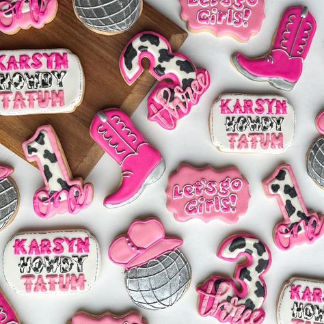 Disco Cowgirl Party Cookies, Disco Cowgirl 1st Birthday Cake, Disco Cowgirl 2nd Birthday Party, Disco Cowgirl Cookies, Let’s Go Girls Birthday Theme, Tenth Birthday, Rodeo Party, Rodeo Birthday, Cowgirl Birthday Party