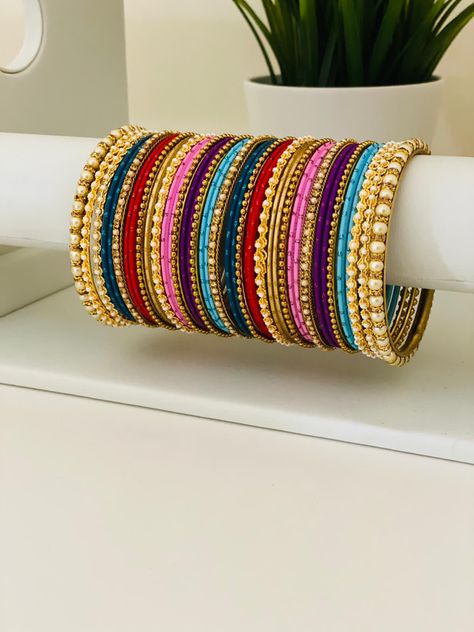 Multi Colour Bangle Set, Colourful Bangles, Antique Necklace Gold, Bangles Collection, Silk Thread Bangles Design, Designer Bangles, Thread Bangles Design, Colorful Bangles, Bridal Chura