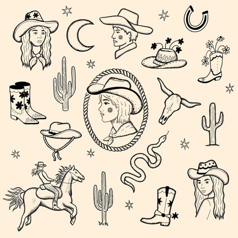 Western Vintage Tattoo, Flash Ideas Tattoo, Cowgirl Fine Line Tattoo, Vintage Cowboy Tattoo, Western Finger Tattoos For Women, Cowgirl Tattoos Traditional, Western Flash Tattoo, Dainty Tats, Cowgirl Tattoo