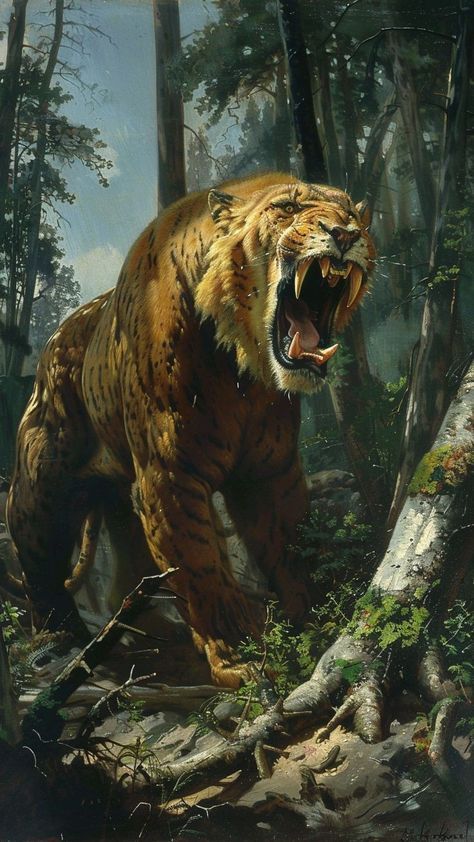 Siberian Tiger Art, Sabertooth Tiger Art, Smilodon Art, Sabretooth Tiger, Most Dangerous Animals, Sabertooth Tiger, Wild Animal Wallpaper, Prehistoric Wildlife, Vintage Tiger