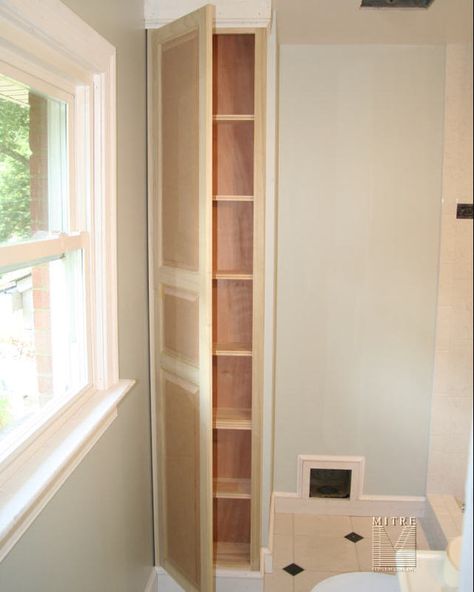 BUILT-INS : Niche Bathroom Cabinet Tall Recessed Medicine Cabinet, Narrow Built In Linen Closet, Open Shelving In Bathroom Built Ins, Built In Bathroom Shelves, Quotes Organization, Tub Niche, Storage Built Ins, Niche Bathroom, Built In Bathroom Storage