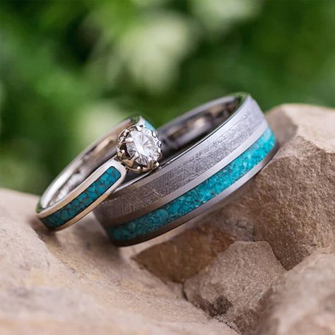 Shop our huge collection of high-quality coordinating rings. Wedding ring sets feature matching bands for both him and her, his and his or hers and hers. Featuring genuine meteorite, fossilized dinosaur bone, antler, and more. Custom options available, too! Our unique couples rings are from from ordinary! Turquoise Wedding Ring Set, Turquoise Wedding Ring, Turquoise Wedding Rings, Meteorite Wedding Band, Floral Engagement Ring, Cool Wedding Rings, Turquoise Wedding, Custom Wedding Rings, Tungsten Wedding Bands