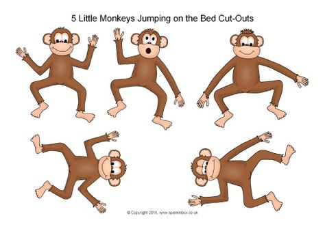 Five Little Monkeys Jumping on the Bed Cut-Outs (SB11649) - SparkleBox Monkey Songs For Preschool, Monkey Worksheet, Monkey Cutouts Template, 5 Little Monkeys Jumping On The Bed, Counting Rhymes, 5 Little Monkeys, Monkey Jump, Body Parts Preschool, Monkey Crafts