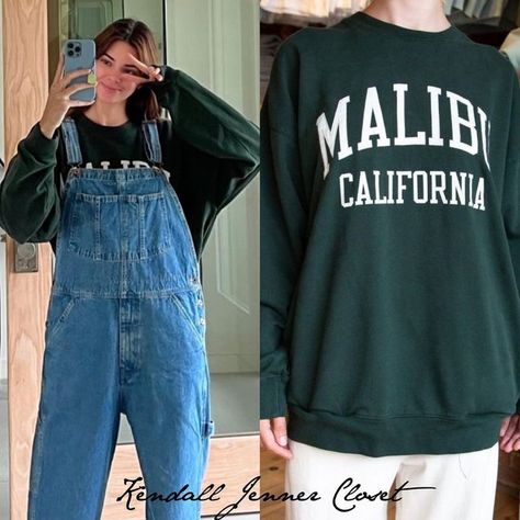 Kendall Jenner Closet on Instagram: "@KendallJenner wears some denim overalls and the @BrandyMelvilleusa ‘Erica Malibu California Sweatshirt’ ($45).🤍" Kendall Jenner Shirt, Kendall Jenner Closet, 818 Tequila, California Sweatshirt, California Shirt, Vinyl Printing, Malibu California, Hoodie Outfit, Denim Overalls