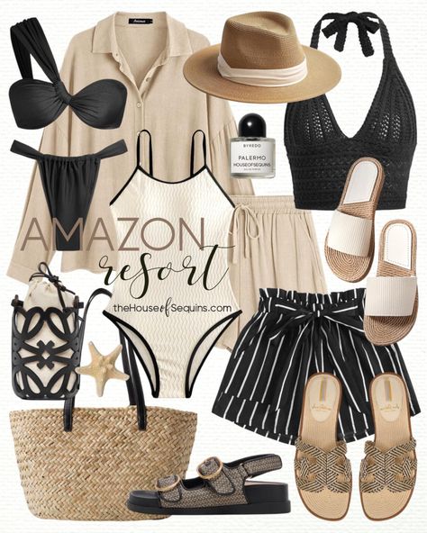 Neutral Vacation Outfit, Beach Bag Outfit, Beach Looks Outfits, Beach Travel Outfit, Summer Outfits With Hats, Resort Outfit Ideas, Straw Bag Outfit, Resort Vacation Outfits, Summer Fashion Outfits Beach