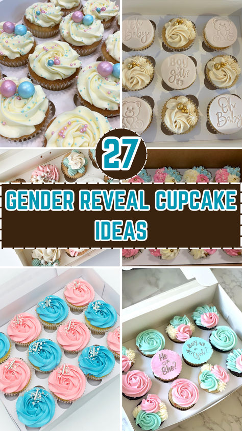 Gender Reveal Cupcakes Gender Reveal Desserts Treats, Gender Reveal Cupcake Ideas Simple, Diy Gender Reveal Cupcakes, Gender Reveal Cupcakes Ideas, Cupcake Gender Reveal Ideas, Gender Reveal Dessert Ideas, Gender Reveal Cupcake Ideas, Cupcake Gender Reveal, Baby Reveal Cupcakes