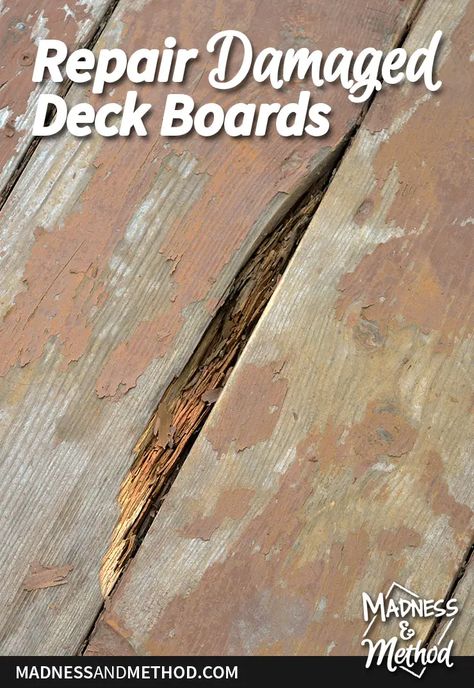 Do you have to repair damaged deck boards? While my original plan was to replace the damaged ones, I couldn't do that and had to fill them instead! Outdoor Deck Design, Deck Refinishing, Porch Repair, Outdoor Deck Decorating, Deck Renovation, Deck Maintenance, Deck Design Ideas, Deck Restoration, Deck Remodel