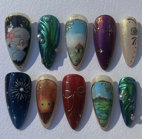 Castle Nails, Studio Ghibli Nails, Ghibli Nails, Hippie Nails, Anime Nails, Pretty Gel Nails, Cute Gel Nails, Glass Nails, Kawaii Nails