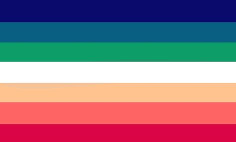 image description: a flag with seven stripes. From top to bottom they are: blue, greenish lighter blue, green, white, orange, reddish orange, red Mad Pride, Anti Flag, Peace Flag, X Chromosome, Lesbian Flag, My Identity, Pride Flags, Stuff To Do, Flag