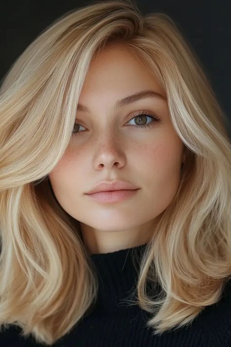 Blonde woman with shoulder-length hair and a neutral expression. Color Palette Blonde Hair Blue Eyes, Blonde For Hazel Eyes, Overall Blonde Hair Color, Buttercup Blonde Hair, Dark Blonde Hair Color Ideas For Fair Skin Hazel Eyes, Blonde Hair Hazel Eyes Makeup, Blonde Hair Cuts For Round Faces, Dark Blonde Pale Skin, Warm Blonde With Lowlights