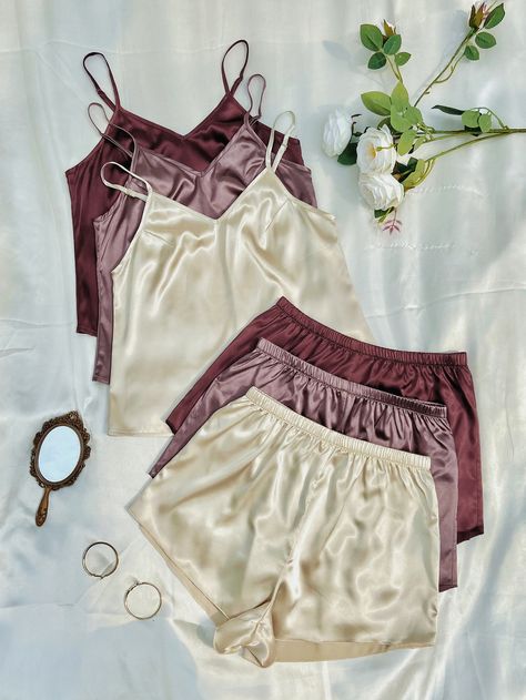 Cute Sleepwear, Cute Pajama Sets, Short Pj Set, Cute Pajamas, Satin Pyjama Set, Cropped Cami, Satin Pajamas, Elastic Waist Shorts, Pajama Set Women