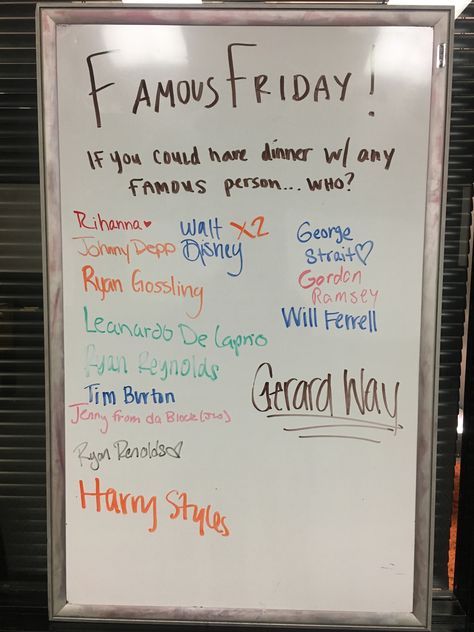 Famous Friday Friday Whiteboard Ideas, Friday Question Of The Day, Friday Writing Prompts, Friday Activities Classroom, Friday White Board Message, Classroom Ideas Middle School, Friday Morning Message Classroom, Friday Classroom Morning Message, Friday White Board Prompt