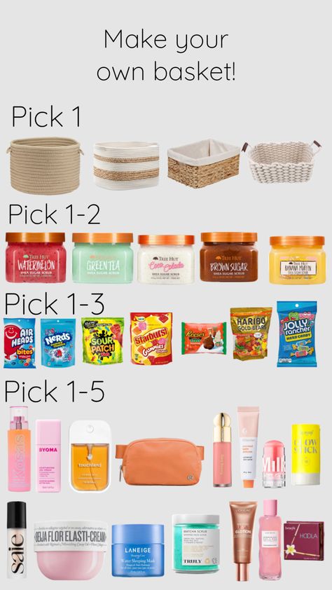 Make your own basket! #basket #beauty #products #makeyourown #pick #cute #candy #beautyproducts #treehut #treehutscrubs Making A Gift Basket, Best Gift Baskets, Birthday Presents For Friends, Preppy Gifts, Clean Blackheads, Birthday Basket, Cute Birthday Ideas, Cute Gifts For Friends, Diy Birthday Gifts For Friends