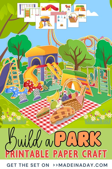 Get ready for endless fun with printable Paper Playground crafts for kids! Create the cutest paper park and picnic set with this fun kids paper craft set! Download now! This build a playground set is perfect for park diorama boxes! Free Printable Paper Crafts, Park Diorama, Paper Playground, Diorama Kids, Playground Activities, Playground Kids, Playground Set, Lego Activities, Budget Crafts