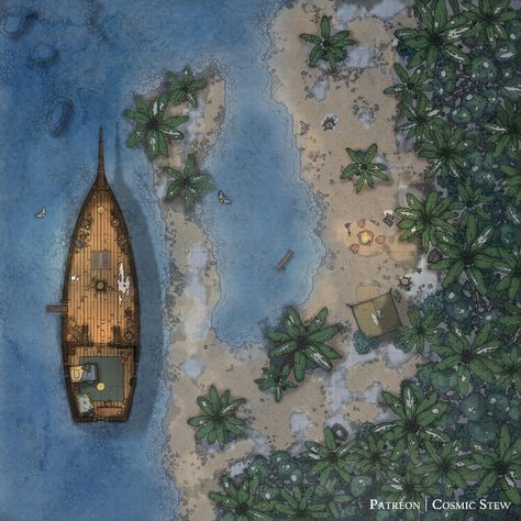 Beach Battlemap, Dnd Pirate, Dnd City, Sea Map, Pen And Paper Games, Ship Map, Dnd World Map, Pirate Games, Rocky Beach