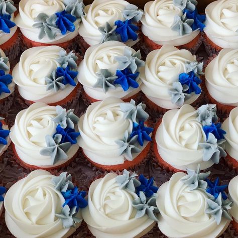 Navy Blue And Burgundy Wedding Cake And Cupcakes, Light Blue Cupcakes Wedding, Blue Cupcakes Wedding, Blue Ombre Cupcakes, Blue Cupcake Ideas, Royal Blue Cupcakes, Blue Wedding Cupcakes, Garden Cupcakes, Orange Cupcakes