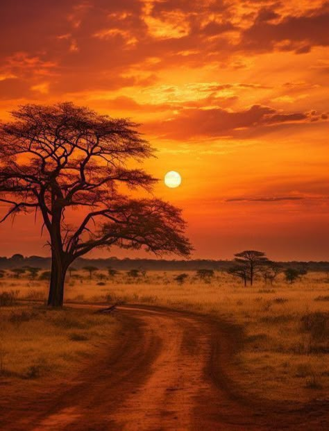 African Nature Aesthetic, African Savannah Tattoo, African Landscape Art, African Aesthetic Wallpaper, African Sunset Photography, African Savannah Landscape, African Sunset Painting, African Landscape Photography, Sunset Savannah