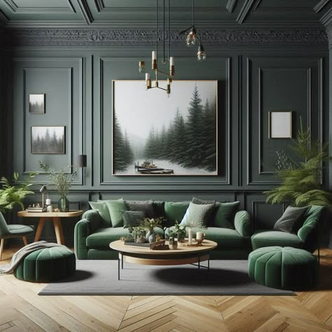 15 Forest Green Dark Green Living Room Ideas — Lord Decor Green Wall Tv Room, Maximalist Green Living Room, Dark Green Molding Wall, Dark Green Lounge Living Rooms, Dark Green And White Living Room, Green Molding Wall, Dark Green Wall Living Room, Dark Green Accent Wall Living Room Wallpaper, Dark Green Room Wallpaper