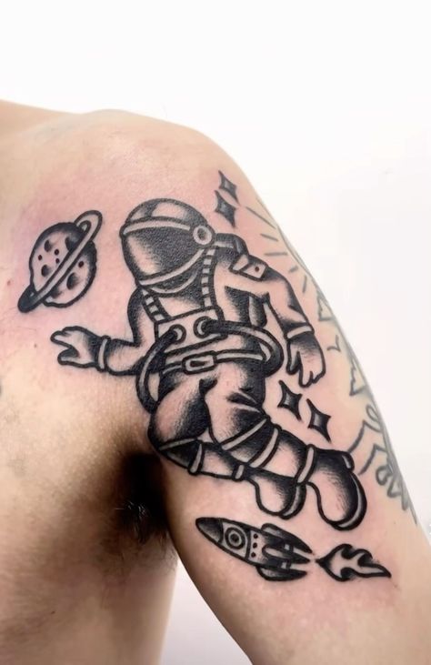 American Traditional Rocket Tattoo, Boombox Tattoo Design, Trad Space Tattoo, American Traditional Disco Ball Tattoo, American Traditional Astronaut Tattoo, Astronaut Traditional Tattoo, Space Woman Tattoo, Traditional Astronaut Tattoo, American Traditional Skeleton