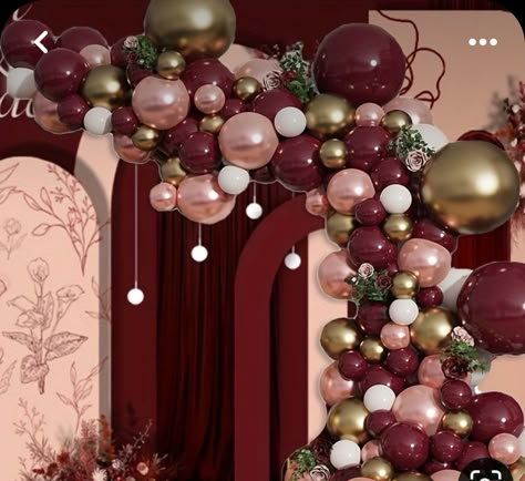 65 Birthday Decorating Ideas, 40th Birthday Balloons, Burgundy Party, Tiered Cakes Birthday, Arch Balloon, 64th Birthday, Rose Gold Theme, 50th Birthday Decorations, Shimmer Wall