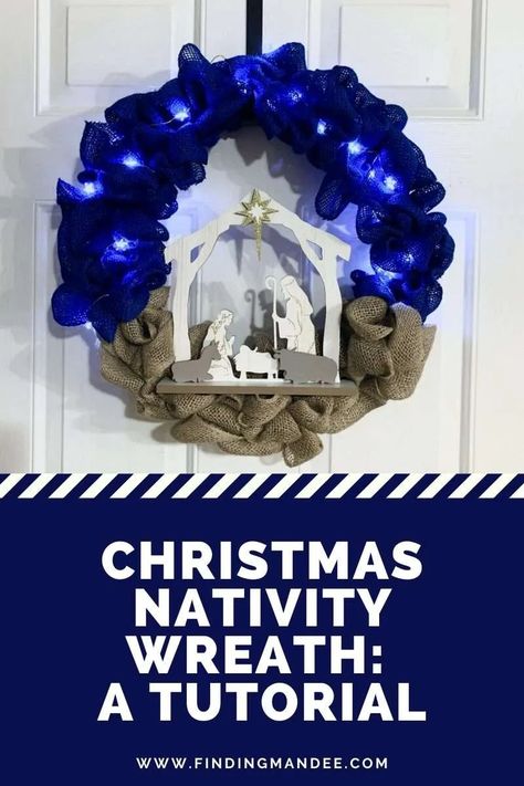 Cheap and Easy DIY Christmas Nativity Wreath - Finding Mandee Nativity Scene Wreath Diy, Blue Christmas Wreaths Diy, Nativity Wreath Deco Mesh, Nativity Wreath Diy, Blue Christmas Wreaths, Clothespin Wreaths, Nativity Wreath, Advent Art, Advent Wreath Diy