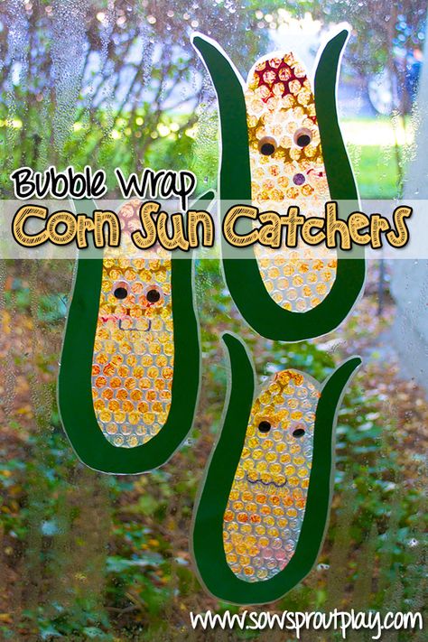 Bubble wrap corn sun catchers Farm Week, Vegetable Crafts, Earth Activities, Team Crafts, Weekly Themes, November Crafts, Farm Preschool, Thanksgiving Preschool, Baby Activities