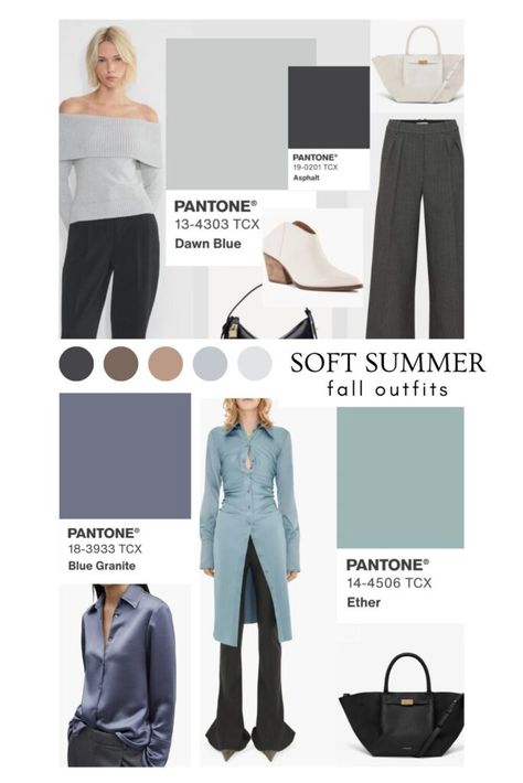 Soft Summer Colors For Fall, Soft Summer Color Palette For Fall, Soft Summer Metals And Stones, Soft Summer Color Palette Outfits For Fall, Soft Summer Wardrobe Palette, Soft Summer Winter Wardrobe, Soft Summer Fashion Outfit Ideas, Calm Summer Outfits, Soft Summer Outfits Color Palettes